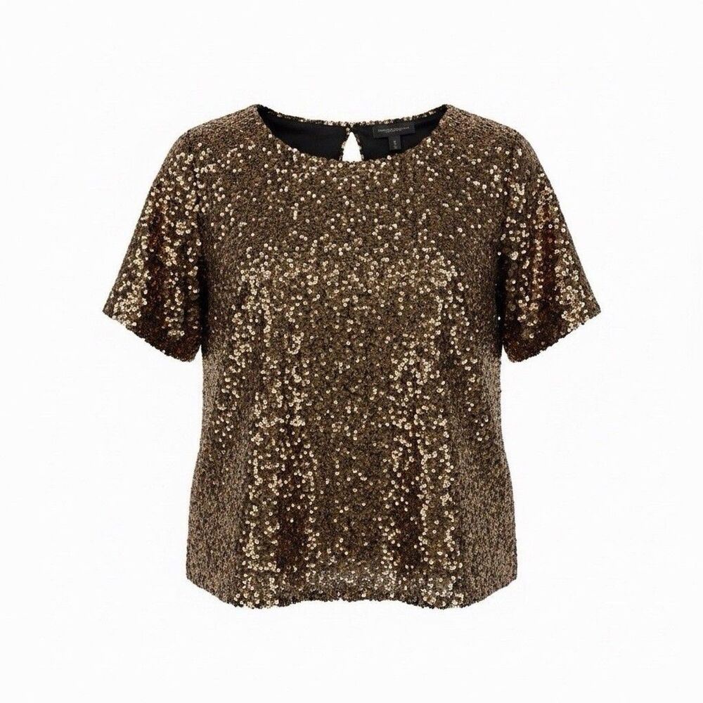 Donna Karan New York Top Women's Medium Black Gold Sequin Short Sleeve Lined NEW